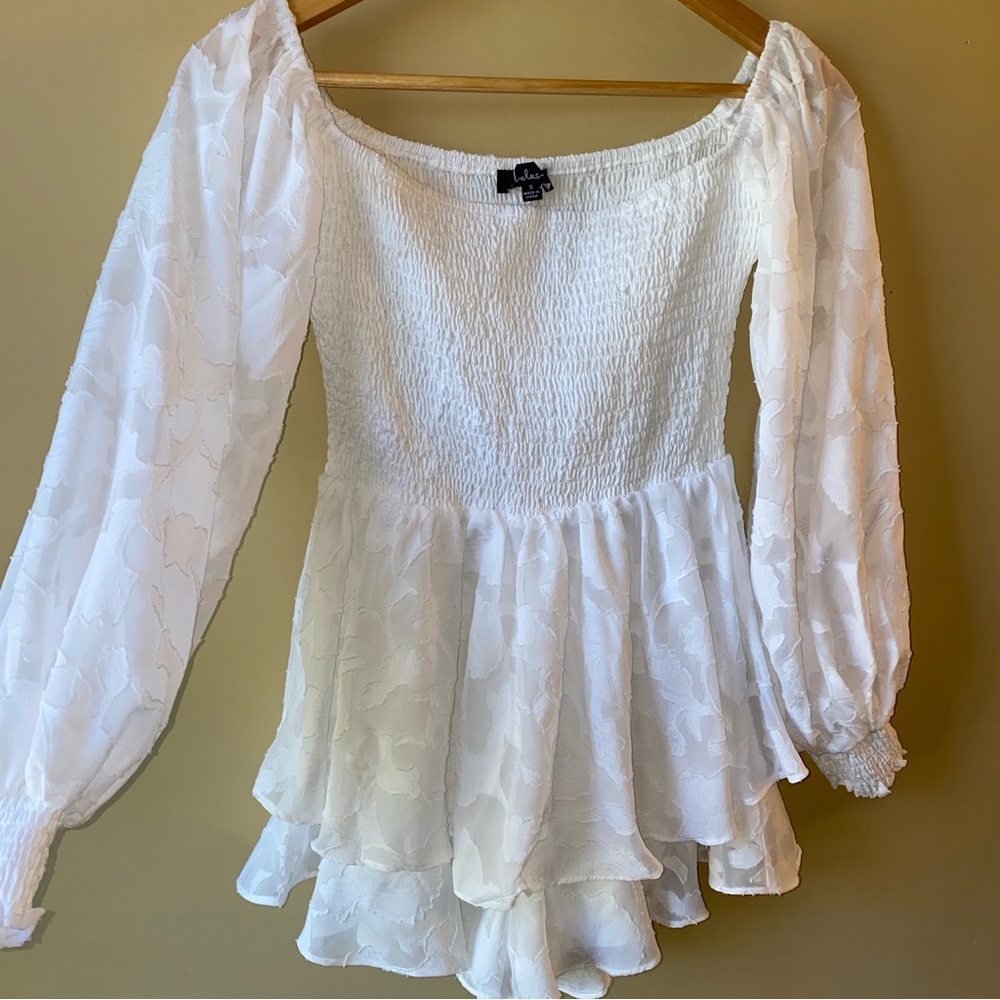 Lulu’s Ivory Floral Off The Shoulder Smocked Romper Women’s Size S Long Sleeve - Picture 5 of 11